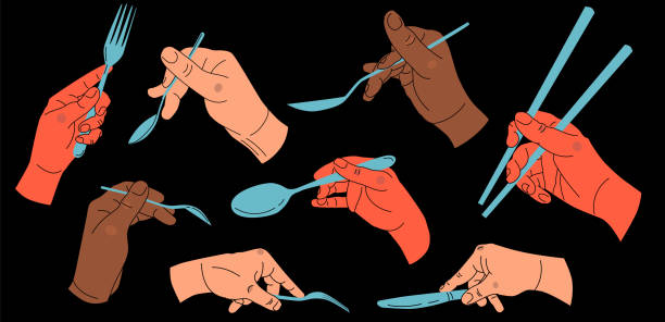 ilustrações de stock, clip art, desenhos animados e ícones de set of colorful hands holding cutlery. - table knife silverware black fork
