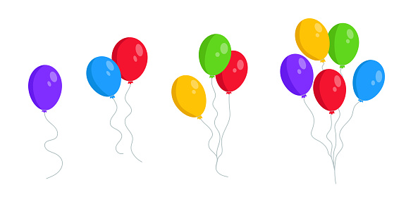 Set of balloons in cartoon style. Vector illustration of a bunch of balloons for birthdays, holidays, events and parties on white backgroun