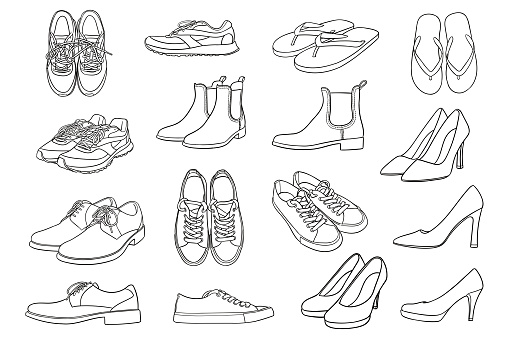 Hand drawn illustration of assorted shoes: running shoes, trainers, high heels, flip-flops. Suitable for coloring books.