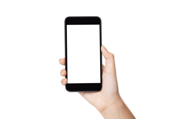 istock Hand young woman holding mobile smartphone with blank screen isolated on white background with clipping path 1392555867