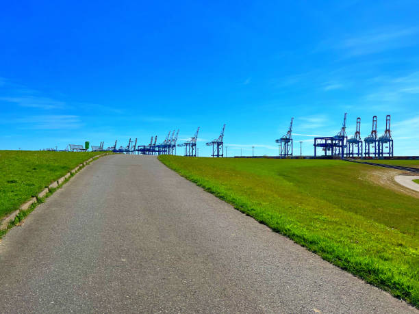 A path on the coast with cranes for containers in the background.