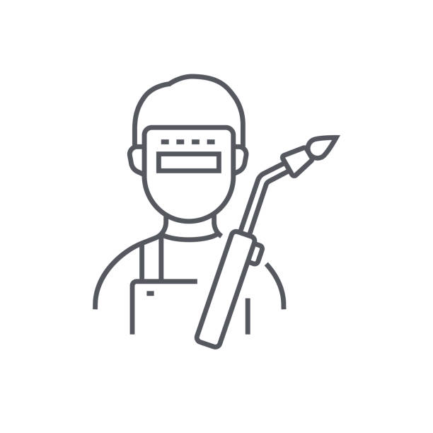 Welding profession - modern black line design style icon Welding profession - modern black line design style icon on white background. Neat detailed image of man in a protective iron mask and dangerous tool. Operating rules, safety first, uniforms idea welding mask stock illustrations