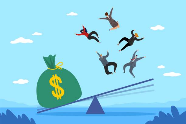 ilustrações de stock, clip art, desenhos animados e ícones de big money gets rid of people. human greed, commercialism, huge bag of money on scales, men and women thrown into sky, breakup of friendships and relationships due to income vector concept - greed