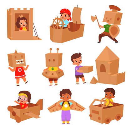 Kids cardboard game. Cute little children play with boxes, build castle, pirate ship and plane, driver in car, imagination development, boys and girls in costume vector cartoon flat set
