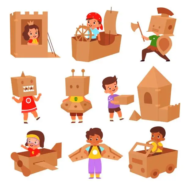 Vector illustration of Kids cardboard game. Cute little children play with boxes, build castle, pirate ship and plane, driver in car, imagination development, boys and girls in costume vector cartoon flat set