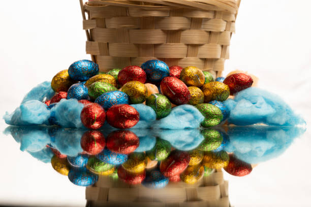 A closeup of a pile of chocolate Easter eggs in a basket.