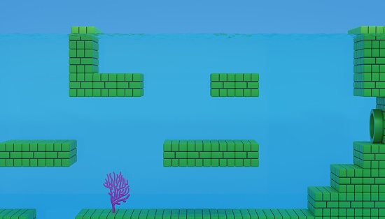 Old arcade video game swimming underwater scene background 3D rendering illustration