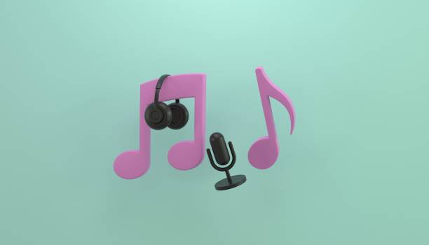Musical note symbol with headphone and microphone icon 3D render illustration