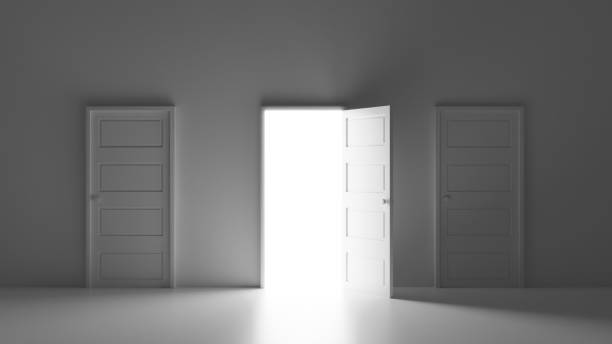 istock White minimal open door and bright light between two closed door 3D render illustration 1392565964