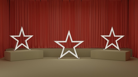 Retro mockup musical stage studio room with star frame light lamp and red curtain for broadcast or product presentation advertising 3D rendering illustration