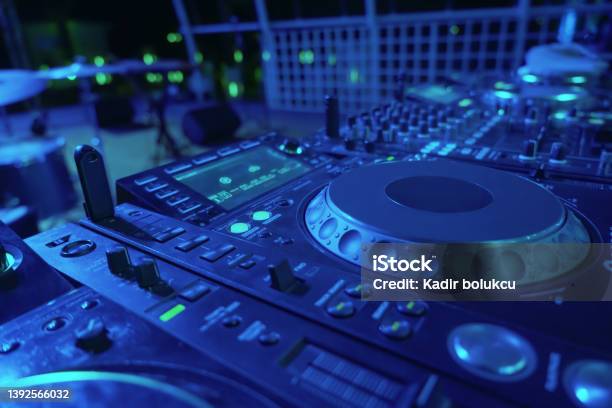 Dj Console Desk At Nightclub Stock Photo - Download Image Now - Studio - Workplace, Music, Techno Music
