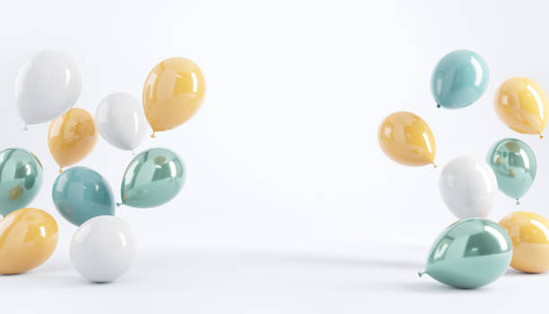 istock Pastel balloons on white background. 3d rendering, Birthday party background. 1392566106