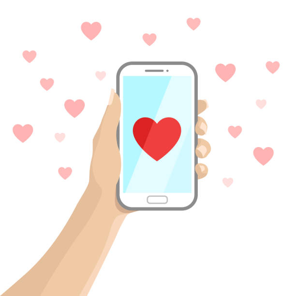 Smartphone in hand with heart. Love message. Love call. Dating online site vector art illustration