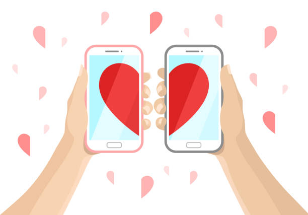 Dating online site. Dating cuople holding smartphones in hands. Love messages vector art illustration