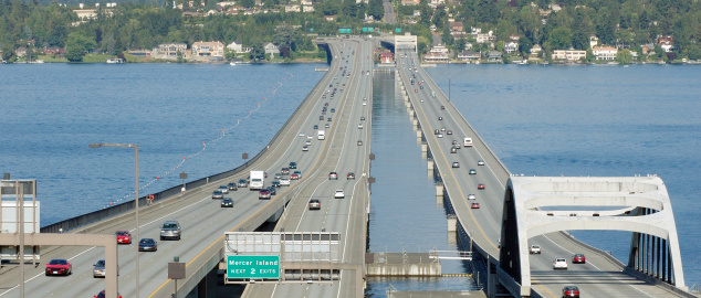 Washington Interstate 90 floating bridge looking east towards Mercer Island.