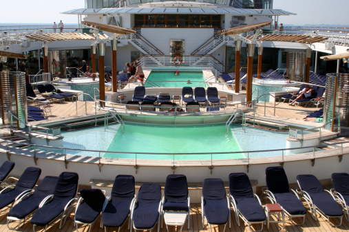 Two cruise ship pools.  Pacific Ocean in the background.