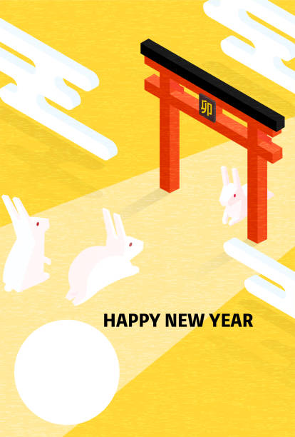 illustrations, cliparts, dessins animés et icônes de carte du nouvel an pour l’année du lapin 2023, lapin partant pour la première visite, isométrique japonaise avec cadre photo - traduction: lapin. - hatsumode