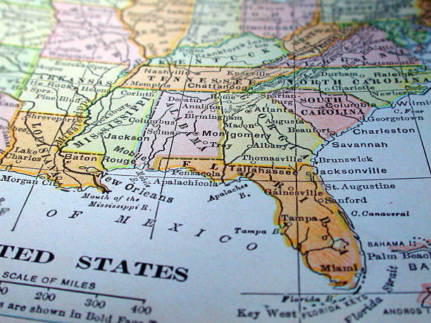 Map of the Southeast United States A dictionary map of the Southeast US. The photo was taken out of a one hundred + year old dictionary. gulf of mexico stock pictures, royalty-free photos & images