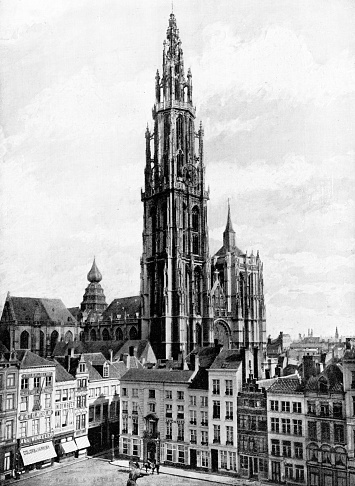 Cathedral of Our Lady in Antwerp, Belgium. Vintage halftone etching circa 19th century.