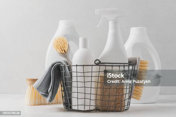 Cleaning Service Concept Stock Photo - Download Image Now - Merchandise, White Background, Basket