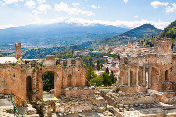 istock Ancient theatre in Taormina, Sicily. Beautiful pamoramic view. 1392580065