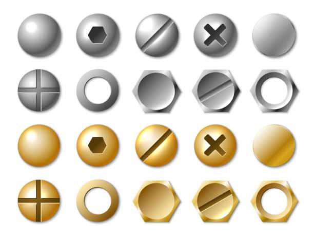 Realistic nails caps. Steel and golden fastener elements. Self-tapping screws and bolts heads. Different types slots. Straight and cruciform. Repair or build tools. Vector fastenings set vector art illustration