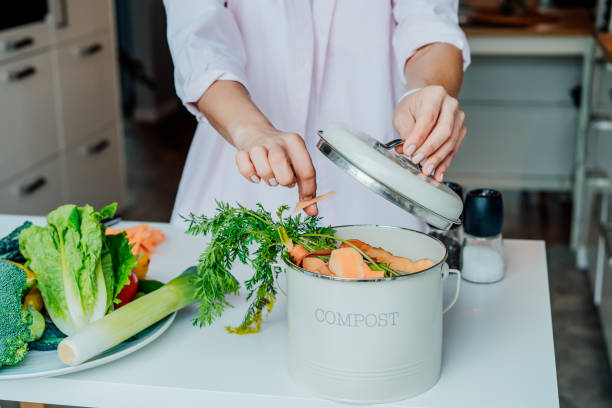 istock Compost the kitchen waste, recycling at home. Woman putting vegetables cutted leftovers into the garbage, compost bin on the table of kitchen. Environmentally responsible, ecology. Selective focus. 1392581667