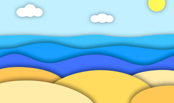istock sea with beach and sky with sun and cloud. paper cut out and craft style 1392582869