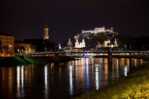 Historic city of Salzburg at Night, Salzburger Land, Austria