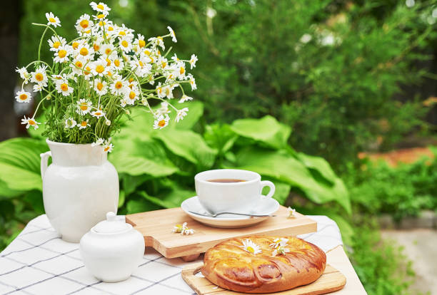 desayuno exterior. taza de té, fresas, cerezas, pastel de calabaza en la mesa. picnic de verano. buenos días concepto. - flower cherry cup tea fotografías e imágenes de stock