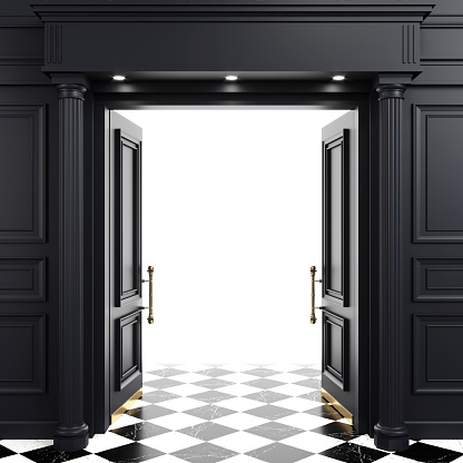 3d illustration. Concept background black open door and bright light. Black wood wall panels