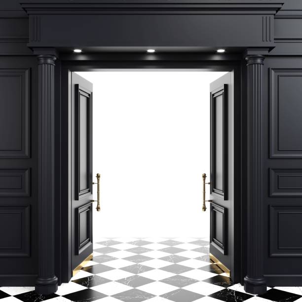Concept background black open door bright light 3d illustration. Concept background black open door and bright light. Black wood wall panels moulding door jamb wood stock pictures, royalty-free photos & images