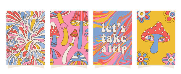 Set of hipster retro cool psychedelic A4 posters. Collection of groovy banners from the 70s with mushrooms and abstract backgrounds. Abstract design of trend vector illustration with Editable stroke. Set of hipster retro cool psychedelic A4 posters. Collection of groovy banners from the 70s with mushrooms and abstract backgrounds. Abstract design of trend vector illustration with Editable stroke 1970 pictures stock illustrations