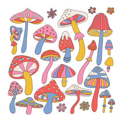 vector set collection of hippie mushrooms.Summer psychedelic character cap in 70s and 80s style. Vibrant groovy and funky fungus.Kidcore rainbow tattoo stickers.Vintage festive spring nostalgia