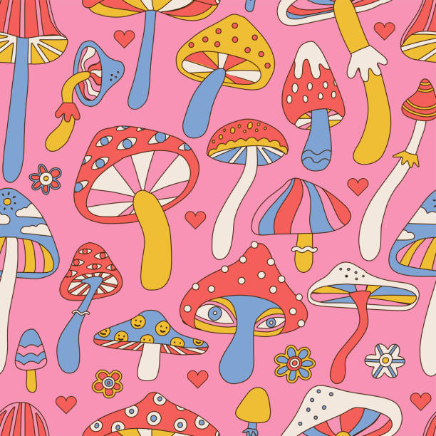 забавный сумасшедший псилоцибин волшебный гриб бесшовный узор. волшебный гриб, псилоцибиновая фоновая печать концепция. векторная рисова� - magic mushroom psychedelic mushroom fungus stock illustrations