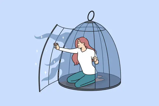 Vector illustration of Young woman come out of birdcage