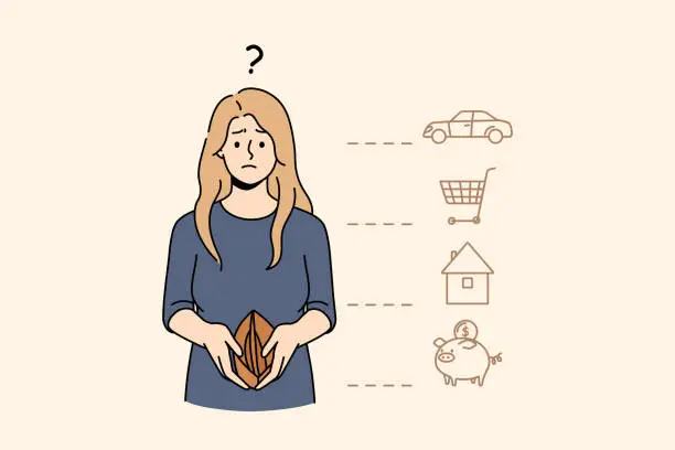 Vector illustration of Confused woman with empty woman have debts