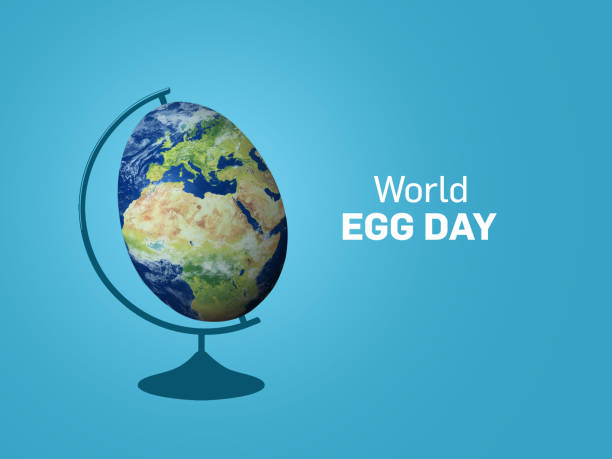 Happy World Egg Day concept. Happy World Egg Day concept. Earth or globe map isolated on the egg with blue background. Food Safety Day. elements of this image furnished by NASA (https://earthobservatory.nasa.gov/blogs/elegantfigures/2011/10/06/crafting-the-blue-marble/) World Egg Day stock pictures, royalty-free photos & images