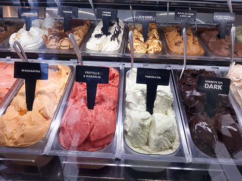 Different flavors of ice cream on display  in the store