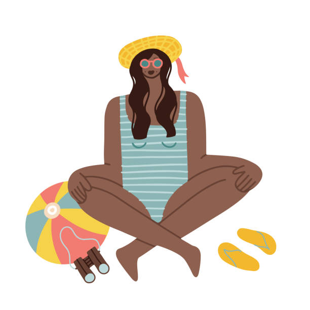 Young happy black afro american beauty female in swimsuit sitting on the beach . Hand drawn trendy flat vector illustration isolated on white background. Young happy black afro american beauty female in swimsuit sitting on the beach . Hand drawn trendy flat vector illustration isolated on white background flip flop sandal beach isolated stock illustrations