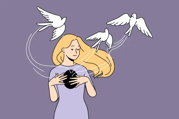 Vector illustration of Young woman free birds from chest