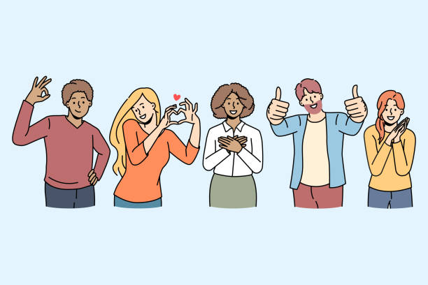 Happy people show diverse hand gestures vector art illustration