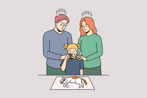 rodzina z dzieckiem opłakuje chorego umierającego kota - distress rocket stock illustrations
