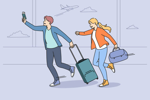 ilustrações, clipart, desenhos animados e ícones de turistas preocupados correm para voar no aeroporto - tourist running travel people traveling