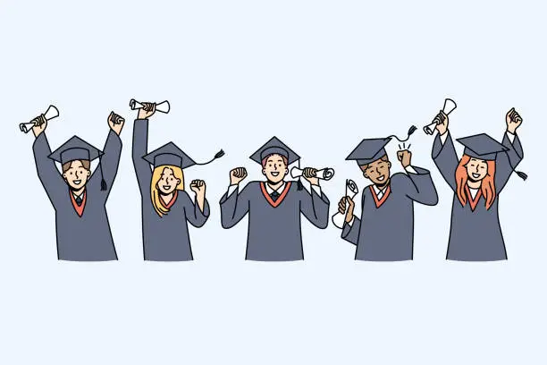 Vector illustration of Excited students in gowns celebrate graduation
