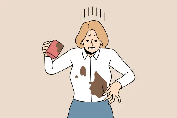 Vector illustration of Distressed businesswoman spill coffee on blouse