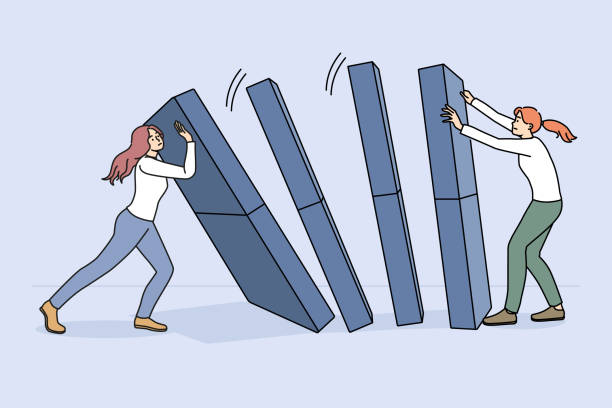 Businesswoman hold domino from falling down Businesswoman hold domino prevent from falling down. Concept of domino effect and chain reaction. Risky business project or idea, financial company crisis. Flat vector illustration. organization improvement risk finance stock illustrations