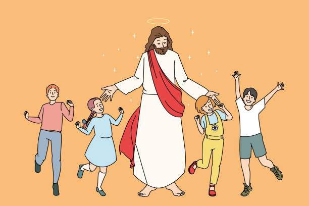 ilustraciones, imágenes clip art, dibujos animados e iconos de stock de niños sonrientes bailan cerca de jesucristo - christ child