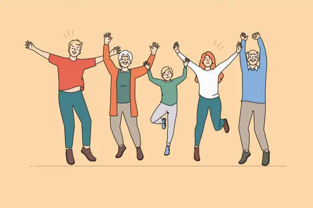 Vector illustration of Happy three generations of family jump and celebrate