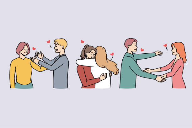 Happy diverse people hugging greeting each other Happy young people hugging meeting together greeting each other. Smiling diverse friends have fun embracing with open arms. Friendship and relationship. Vector illustration. reunion party stock illustrations